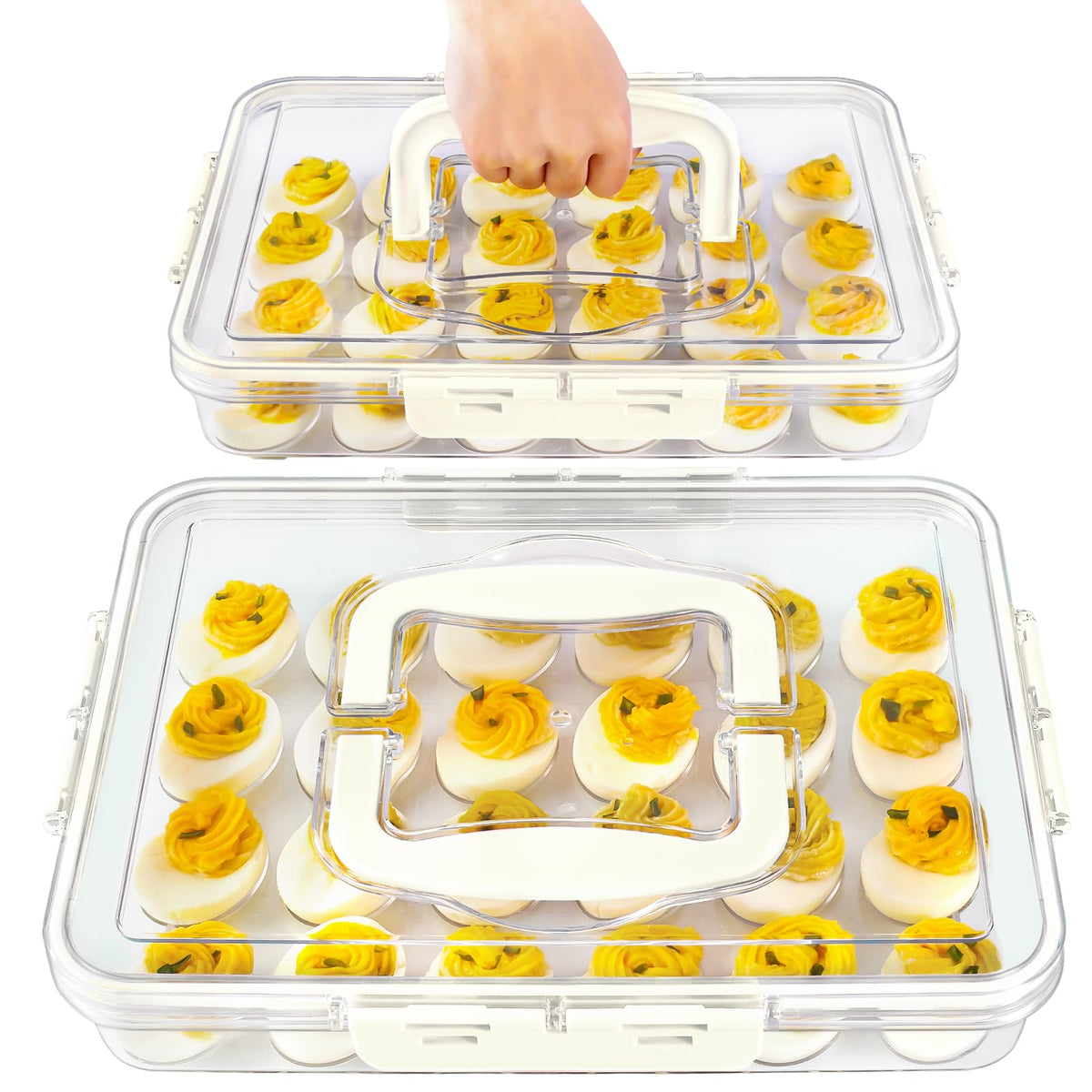 MesRosa deviled egg container with lid and handle keeps eggs secure during transport.