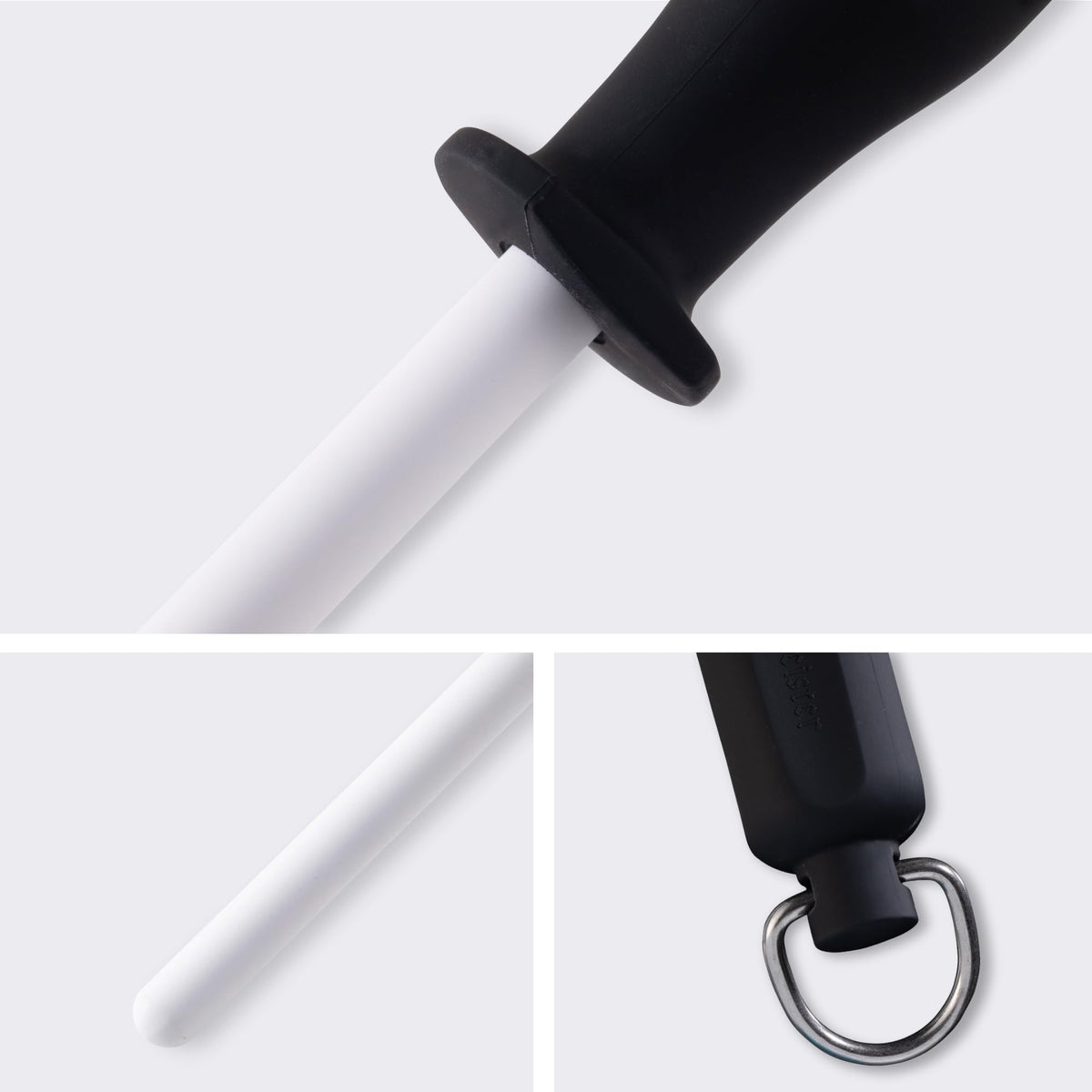 Messermeister sharpening rod with hang ring for storage.