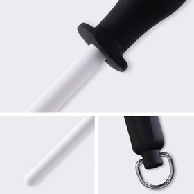 Messermeister sharpening rod with hang ring for storage.