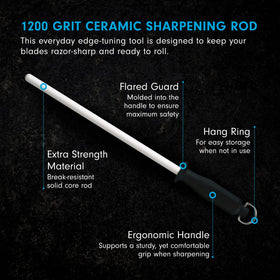 Messermeister sharpening rod with large surface for easy blade touch-ups.