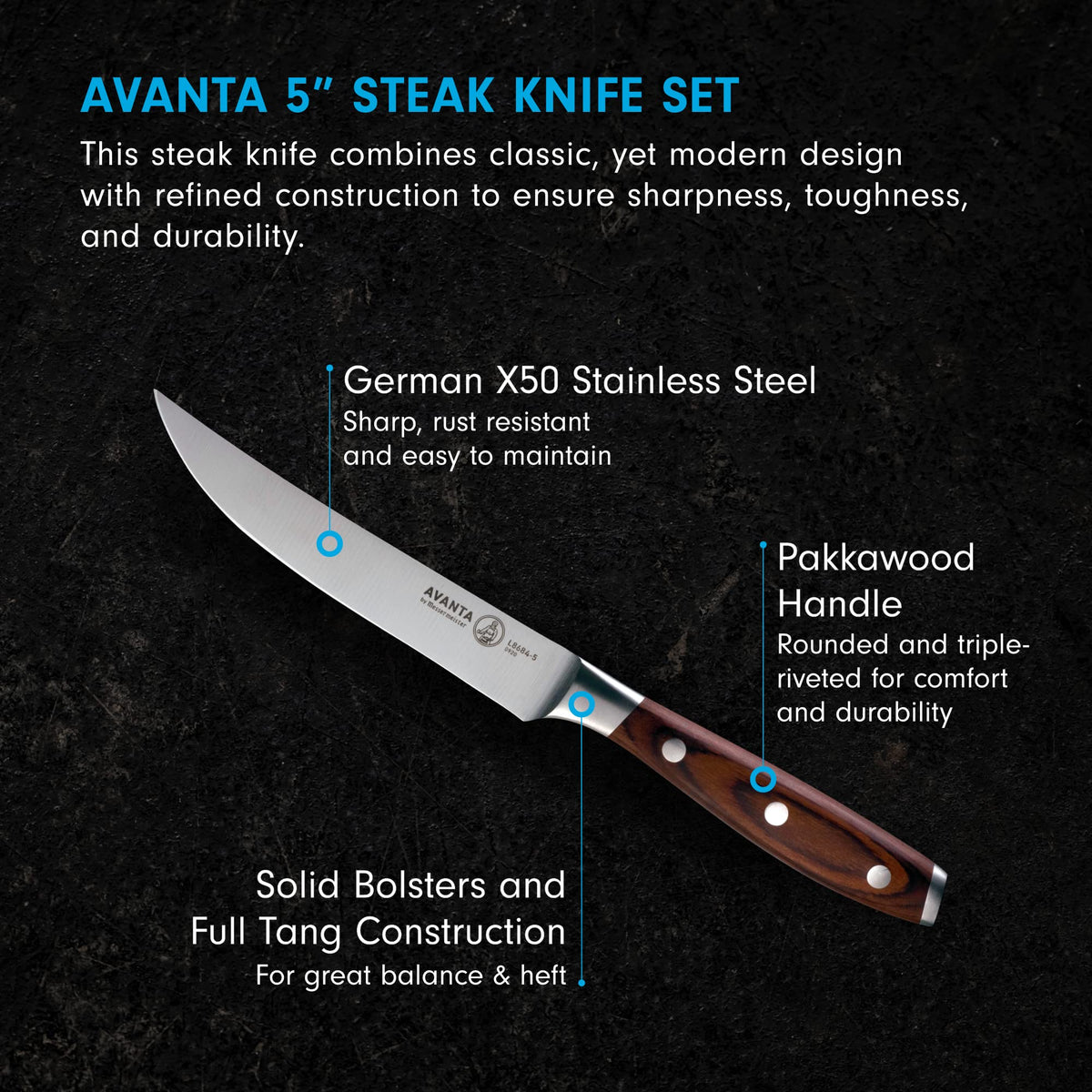 Messermeister Avanta closeup blade shows precision edge for effortless slicing.