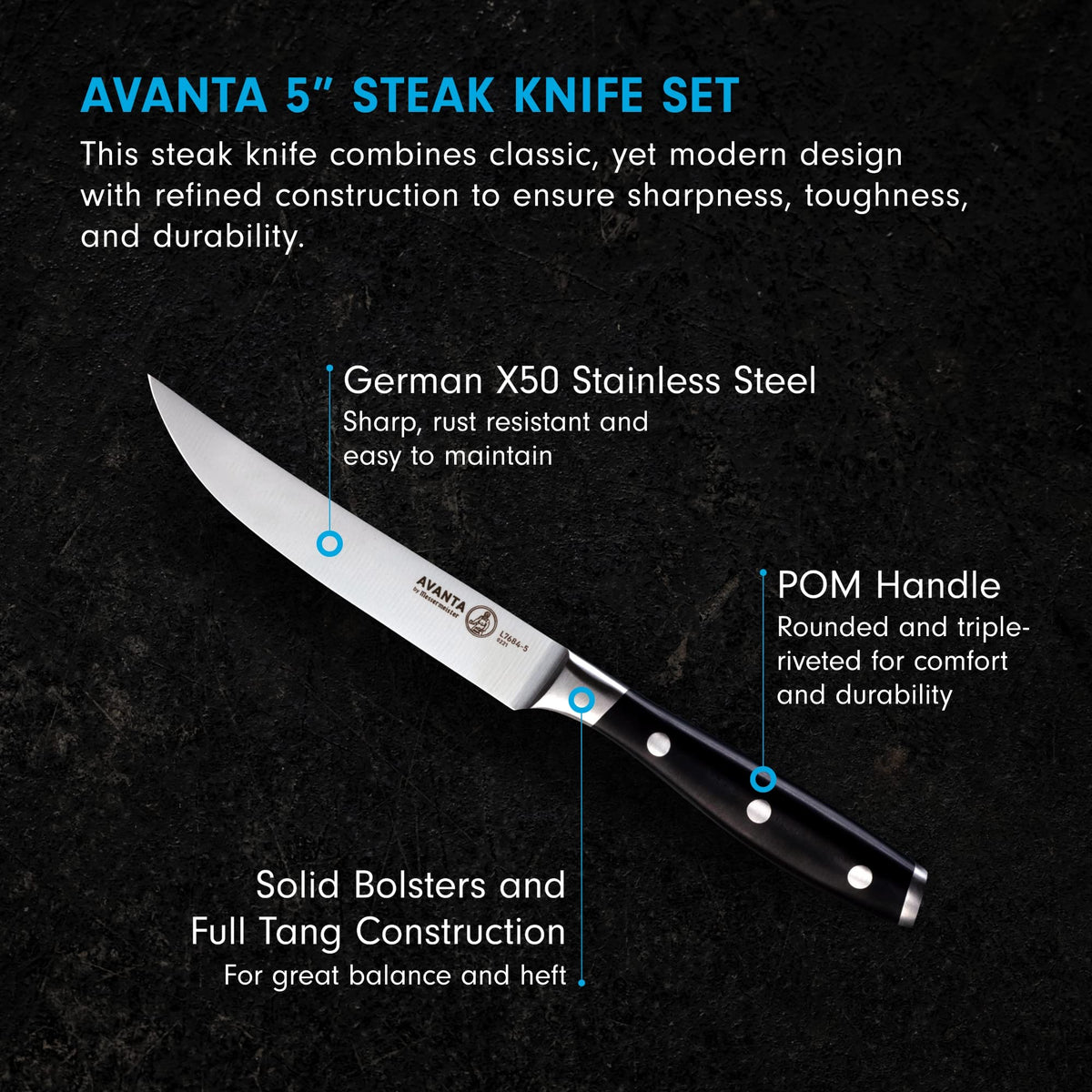 Messermeister Avanta knife closeup shows ergonomic handle and precise edge