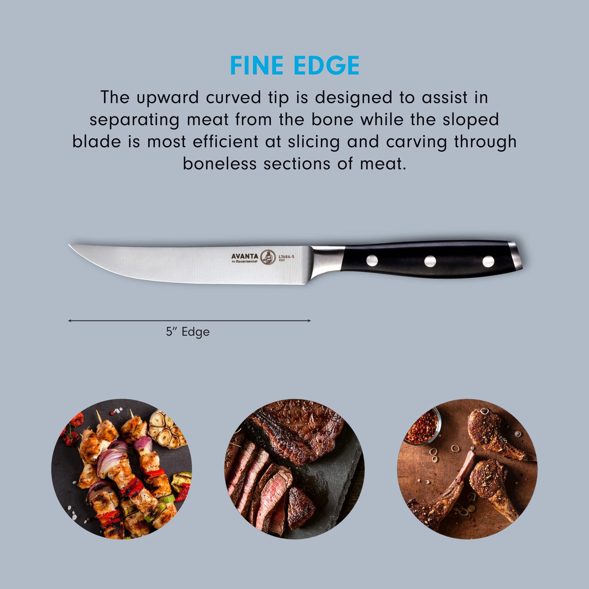 Messermeister Avanta stainless blade closeup highlights rust resistance