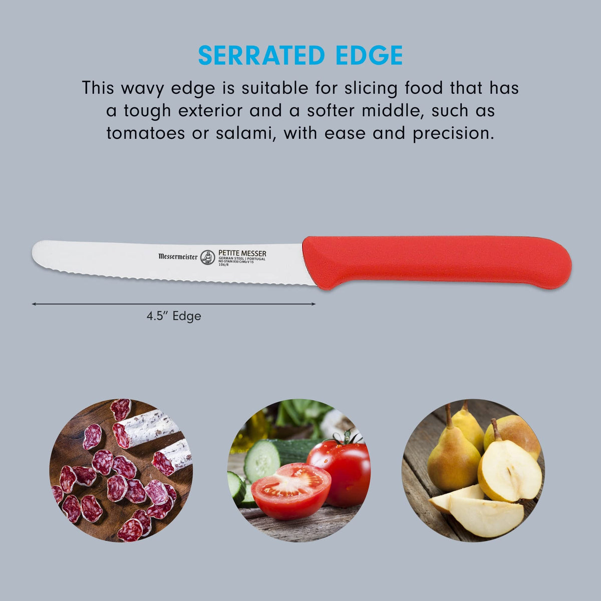 Messermeister tomato knife in use slicing a tomato.
