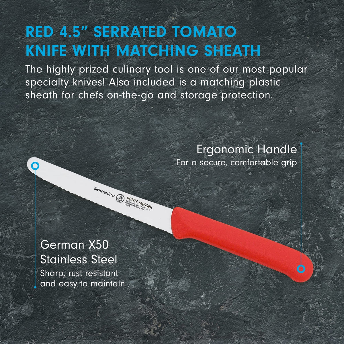 Messermeister tomato knife with sheath on display for on-the-go storage.
