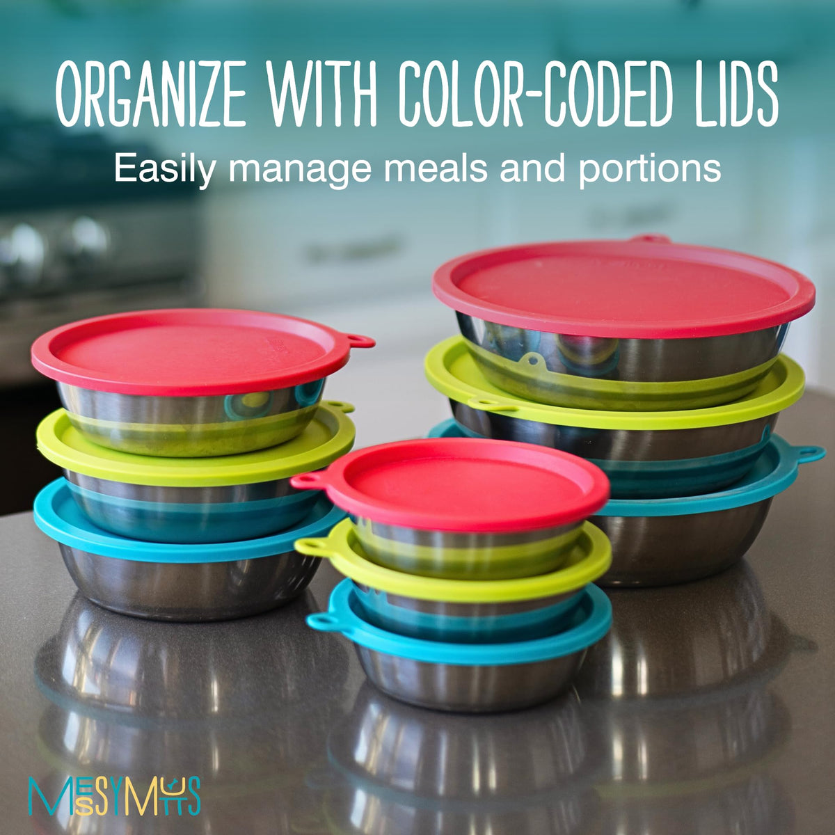 Messy Mutts stackable design for easy freezer and cupboard storage