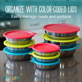 Messy Mutts stackable design for easy freezer and cupboard storage