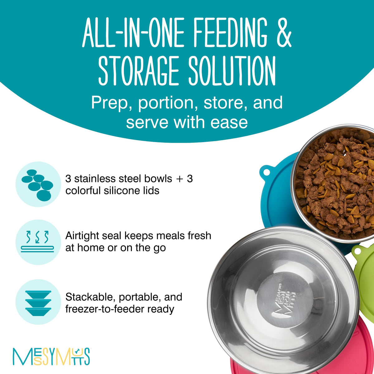 Messy Mutts airtight silicone lids for secure spill-resistant pet meal storage