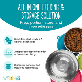 Messy Mutts airtight silicone lids for secure spill-resistant pet meal storage