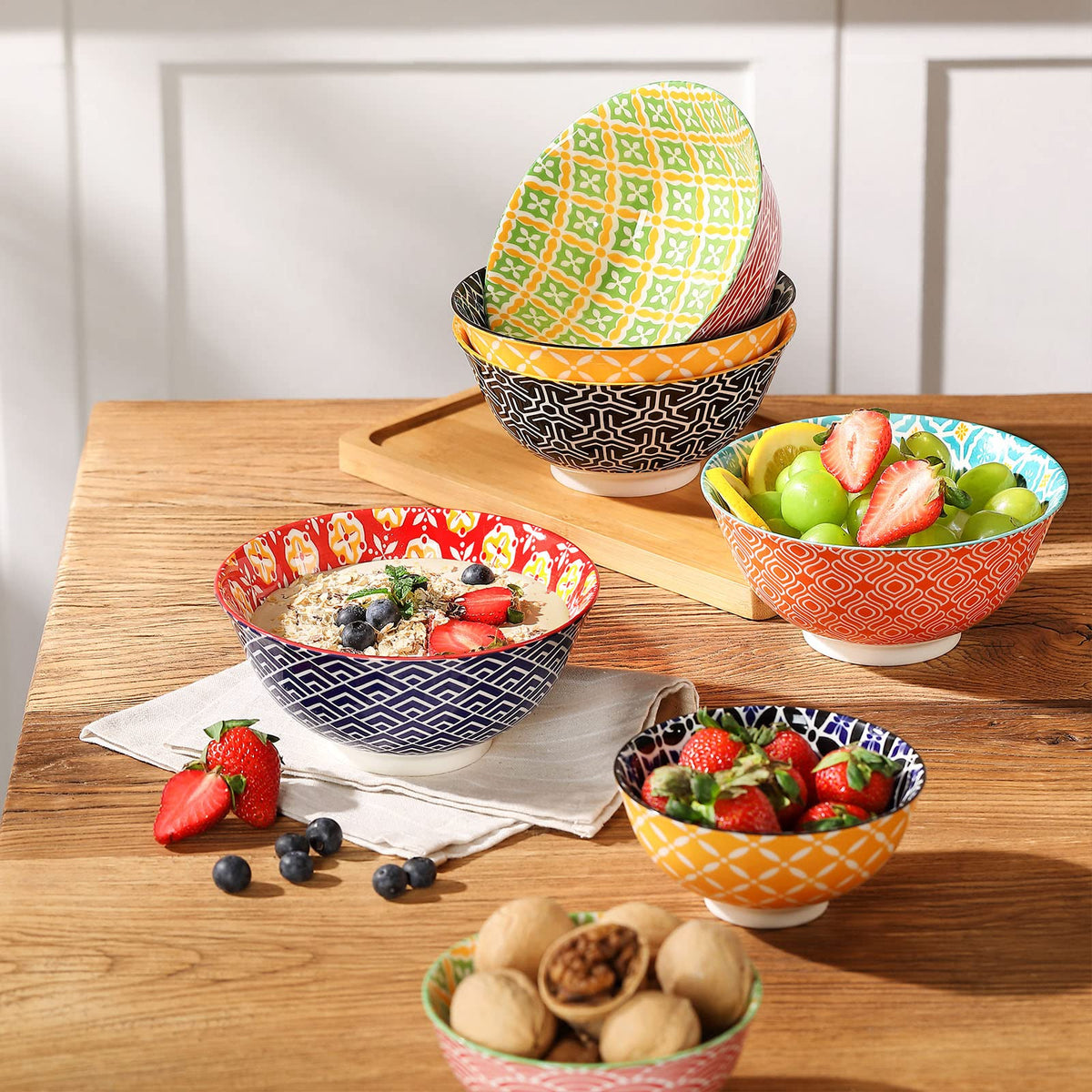 Colorful soup bowls with geometric patterns brighten meals and table presentation