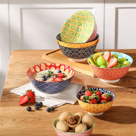 Colorful soup bowls with geometric patterns brighten meals and table presentation