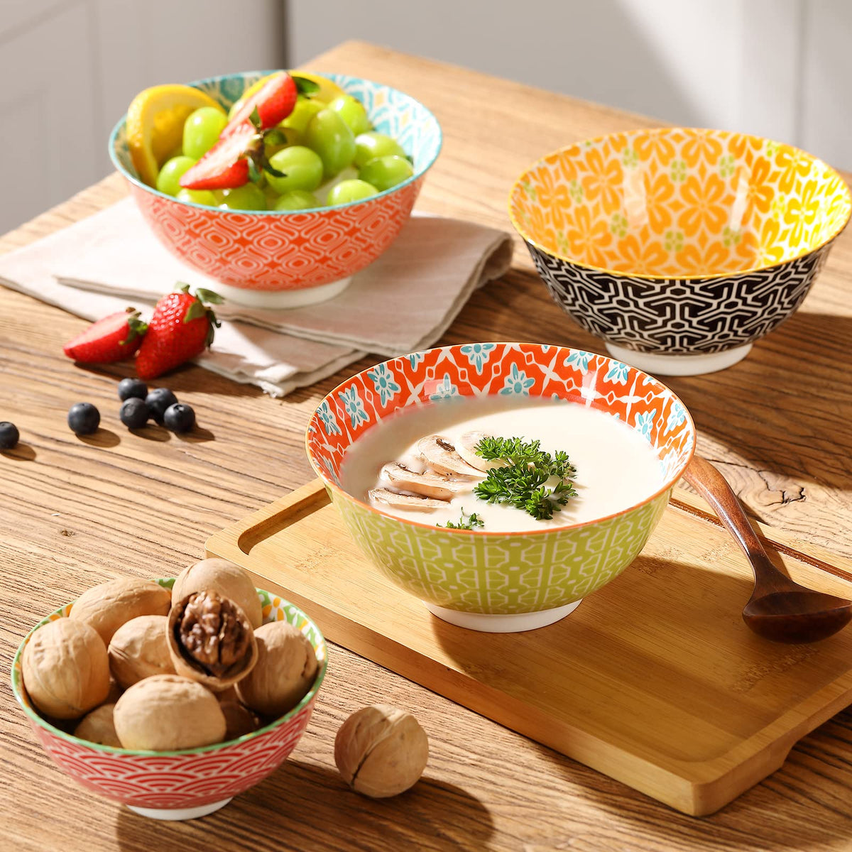 Deep porcelain bowls ideal for ramen, salads, and desserts