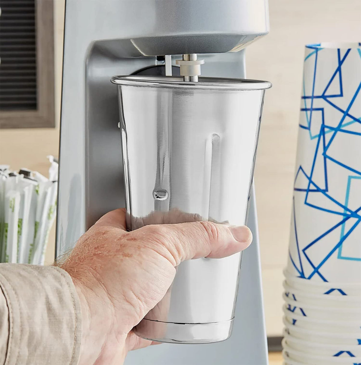 Metal Magery stainless steel malt cups in use with immersion blender for creamy textures.