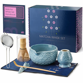Metflavor 7Pcs Matcha Set in Sakura Blue ready for use in an authentic tea ritual