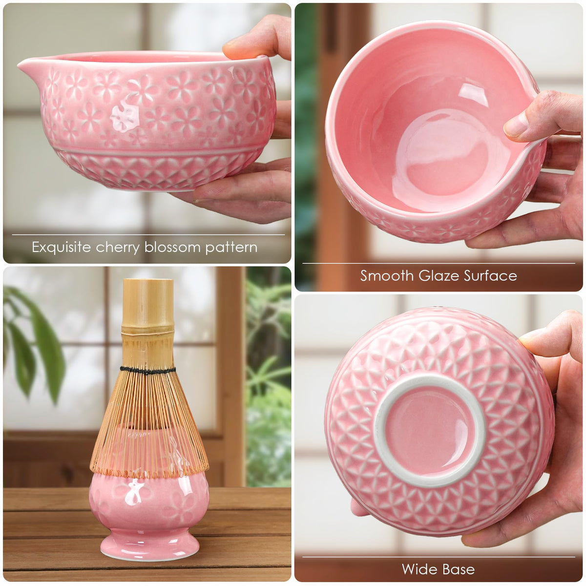 Metflavor ceramic matcha bowl with cherry blossom carving.