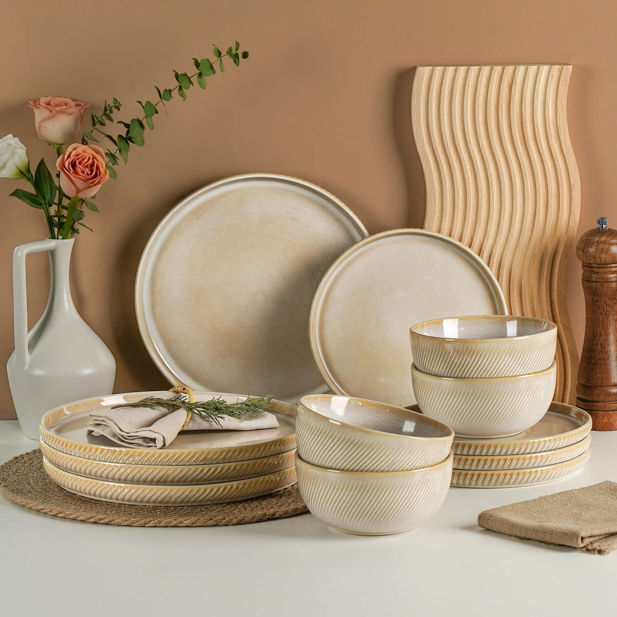 Metflavor Sculpted Dune dinner plate with ribbed beige glaze, dishwasher safe for easy cleanup.