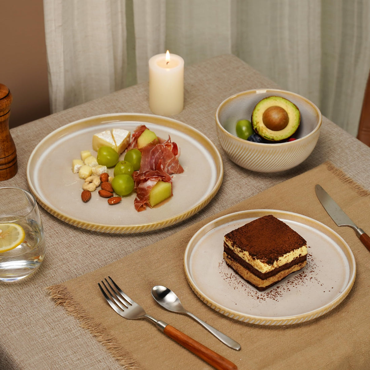 Metflavor Sculpted Dune salad plate with ribbed beige finish, stackable for compact storage.