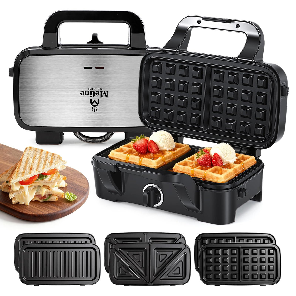 Metine waffle-maker with removable plates for quick cleanup and versatile breakfasts.