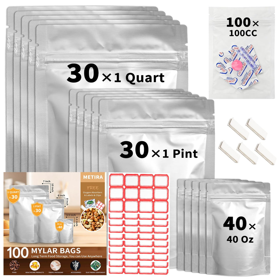 METIRA Mylar bags with stand-up design for easy storage and freshness.