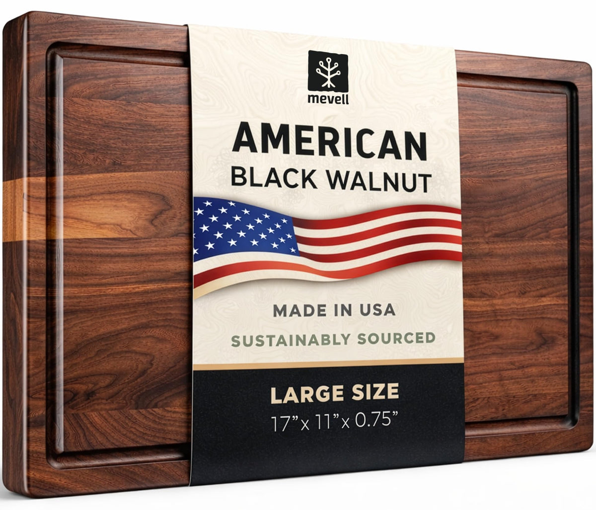 Mevell walnut cutting board with juice grooves for mess-free carving
