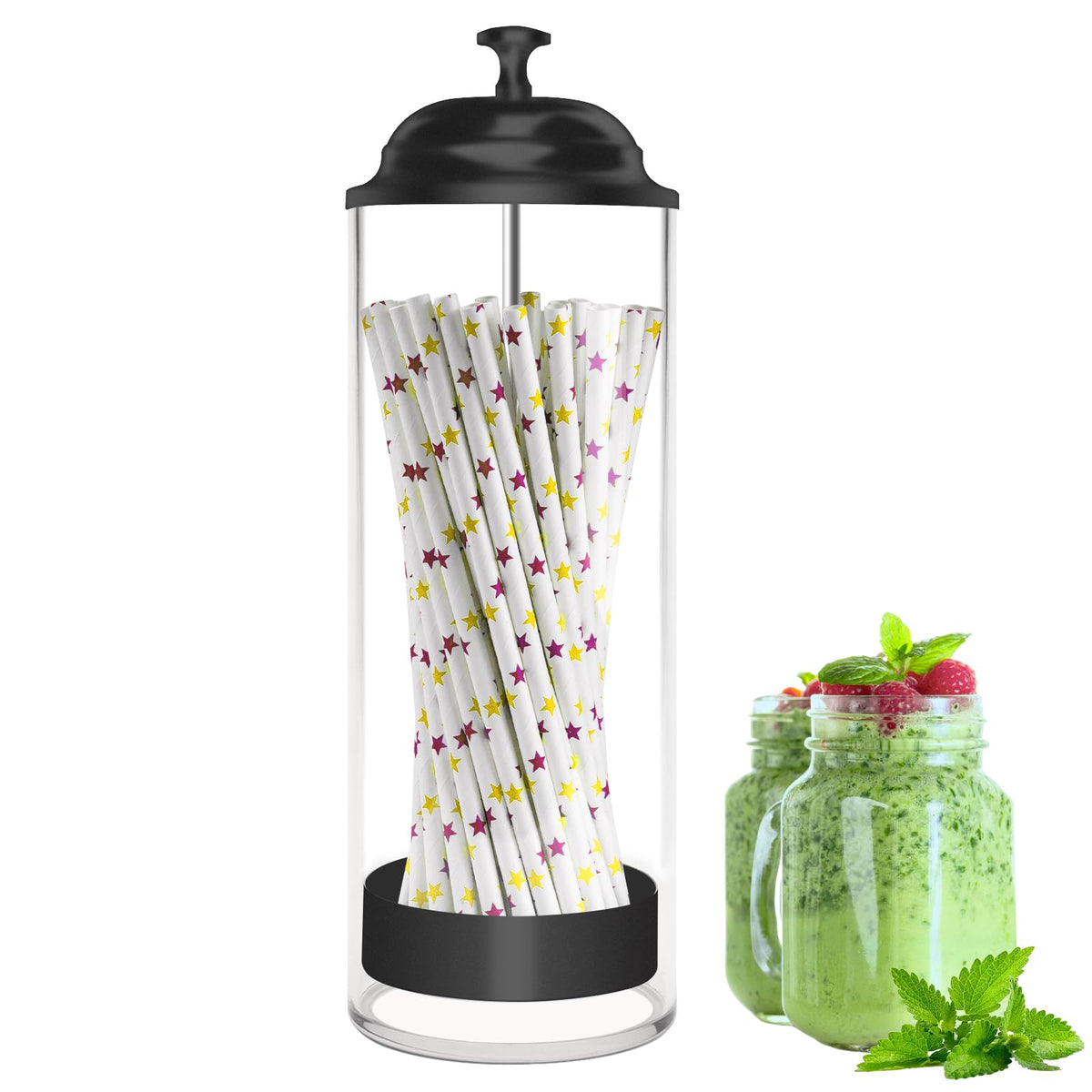 Mevtok straw holder with lid open demonstrates convenient counter access.