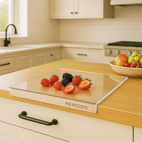 MEWSDEN acrylic cutting board with counter lip, crystal-clear for a clean prep surface.