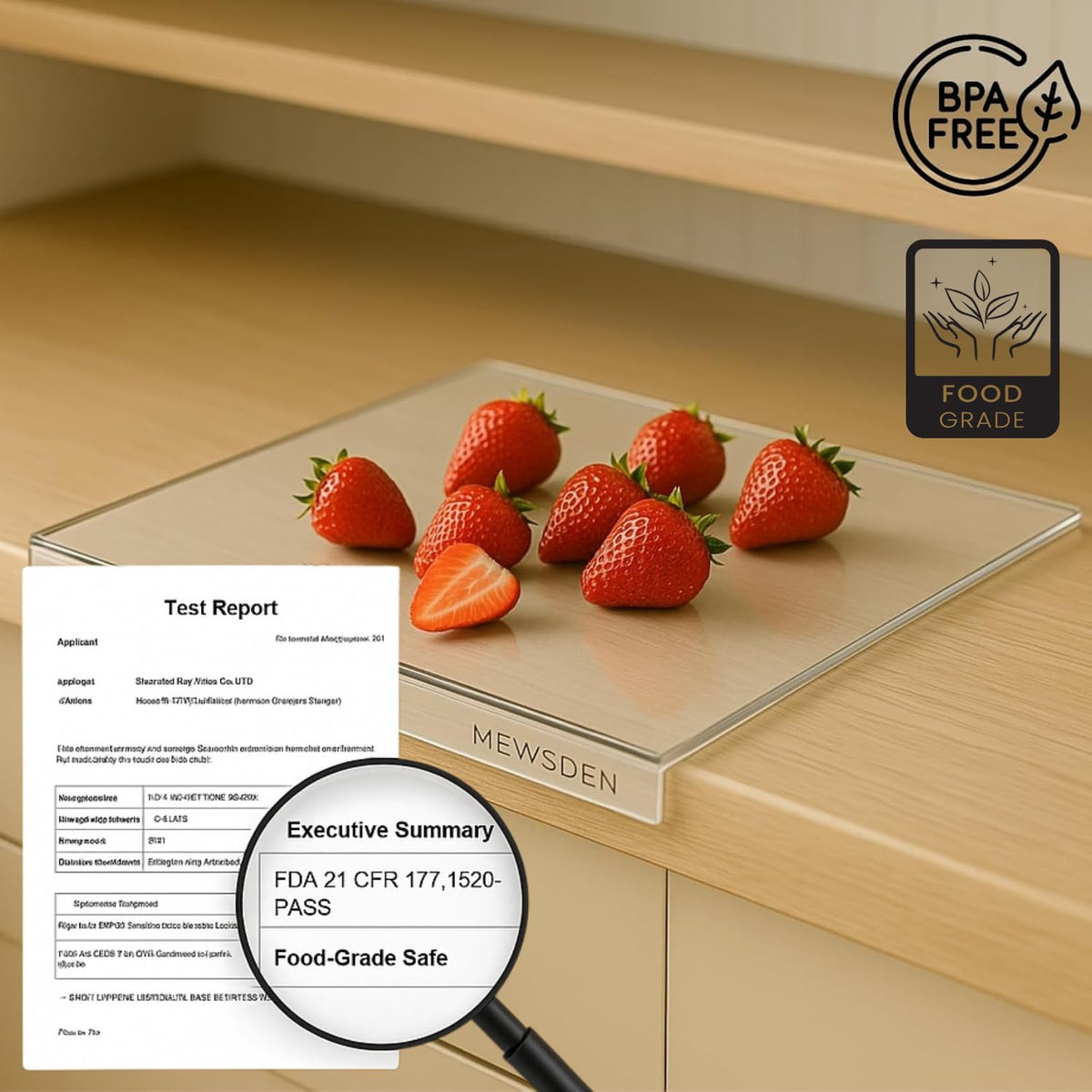 MEWSDEN cutting board stays stylish and protects countertops while prepping.