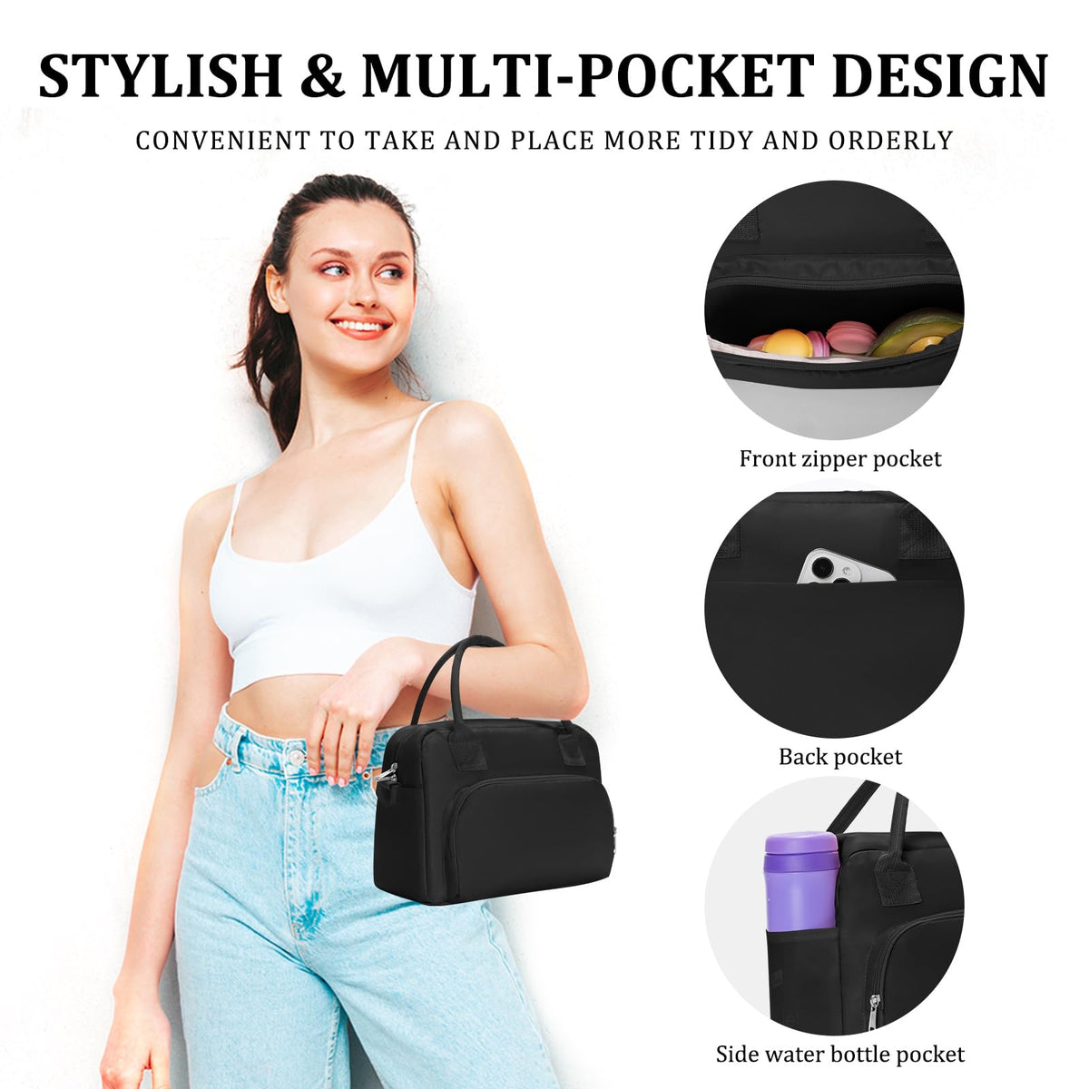 MEXS insulated lunch bag side pockets hold drinks securely during travel.