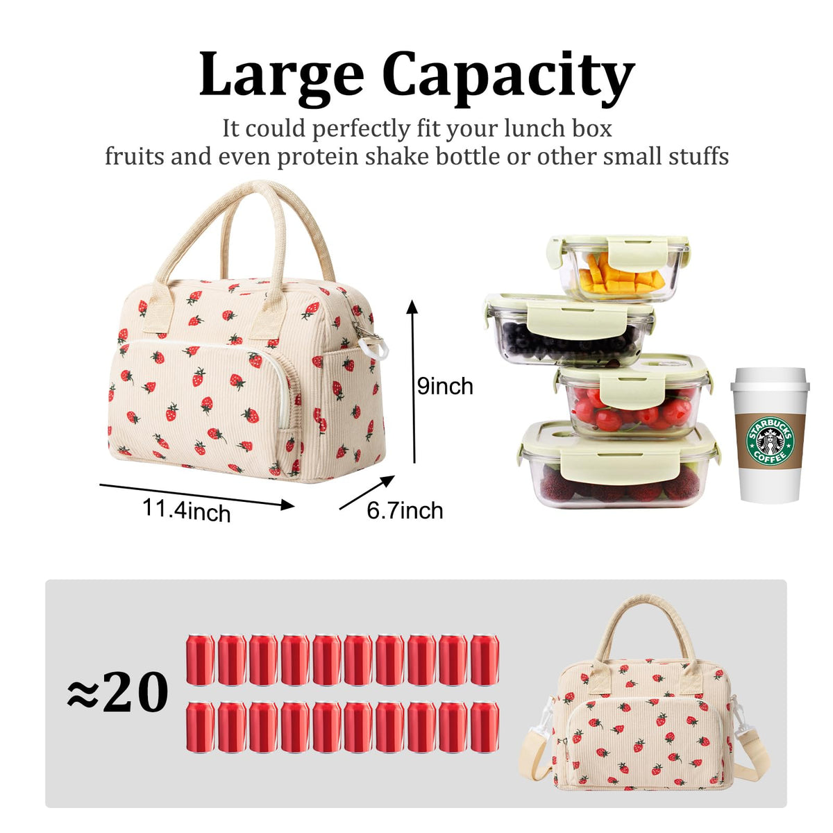 MEXS insulated lunch bag with removable strap for versatile carrying options