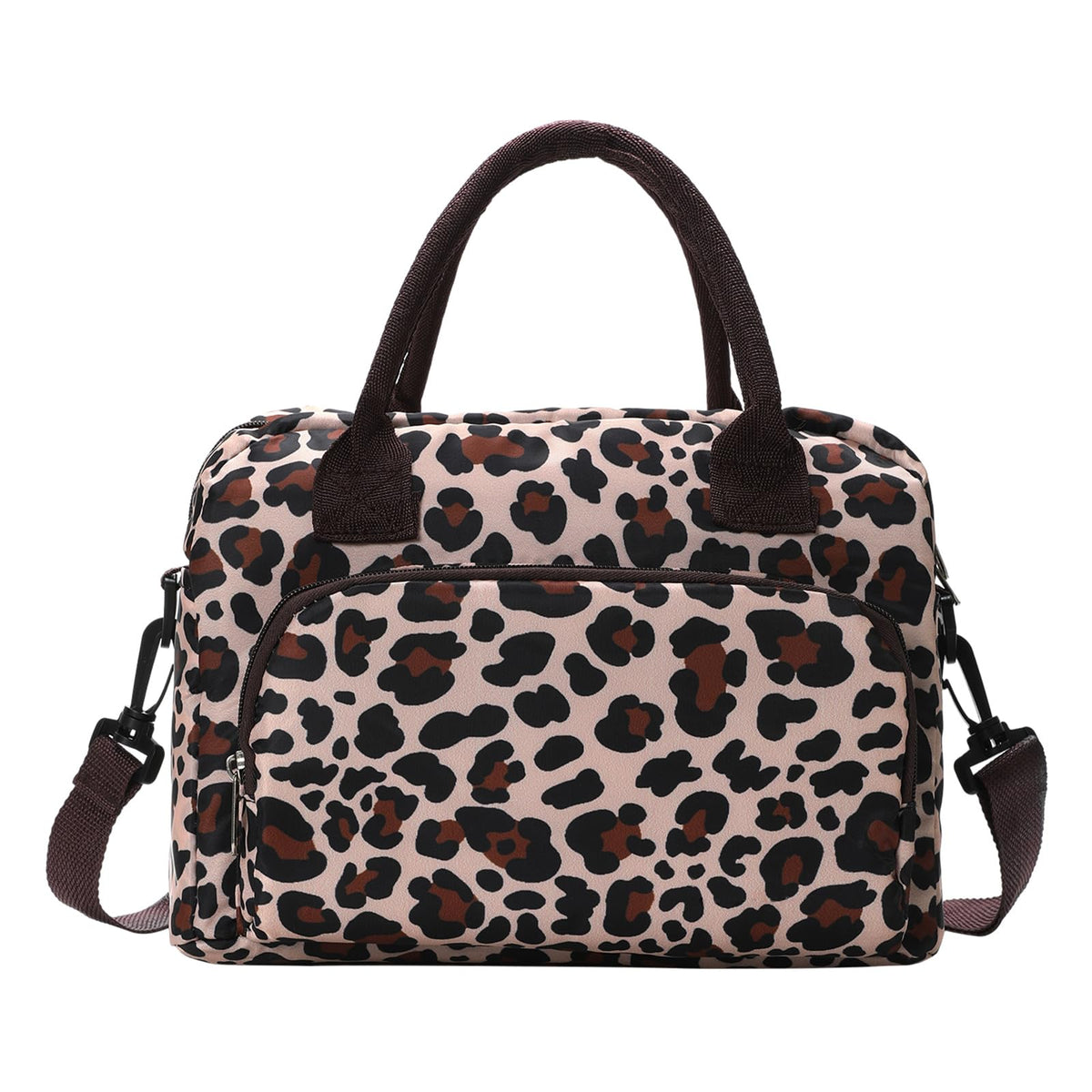 MEXS leopard-print lunch bag front view with roomy main compartment for meals.