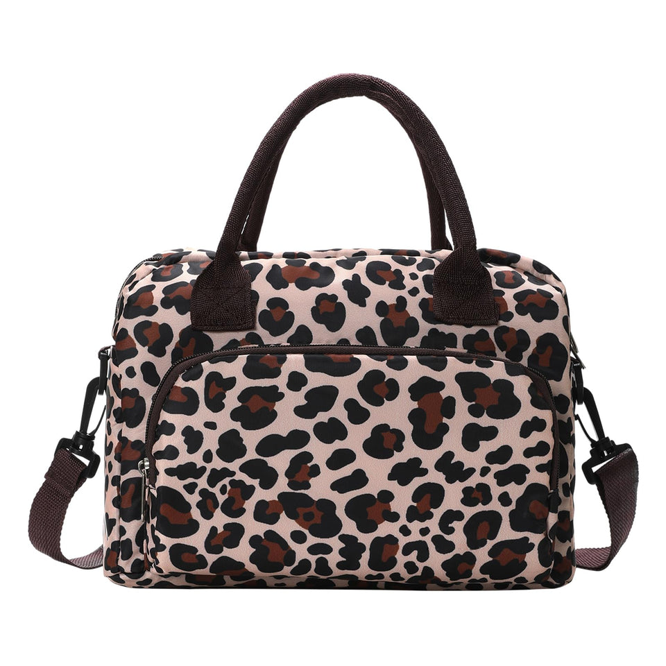 MEXS leopard-print lunch bag front view with roomy main compartment for meals.