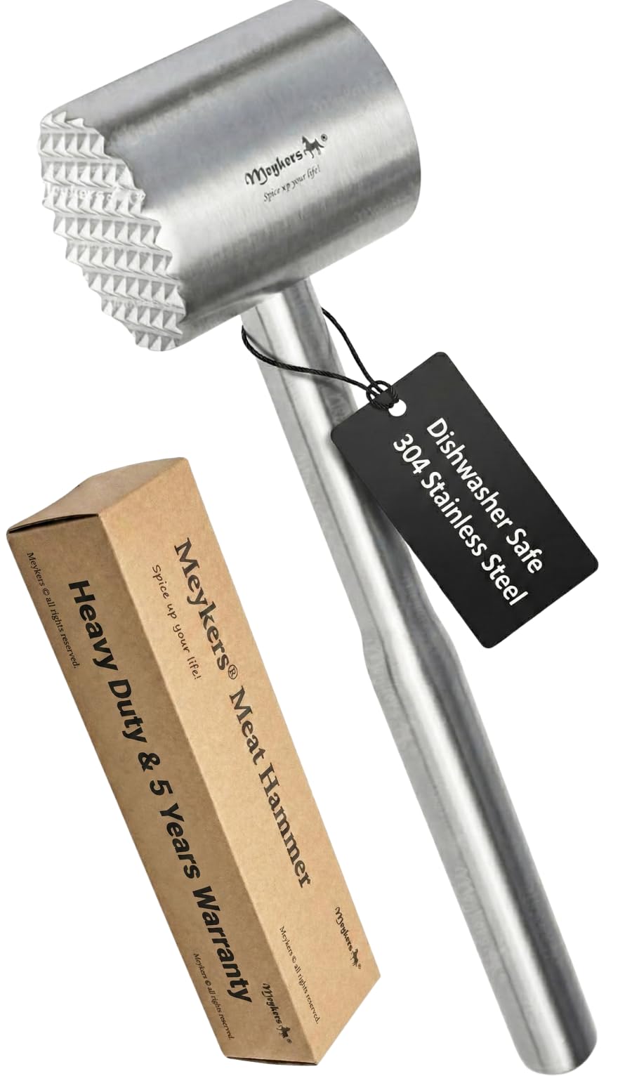 Meykers meat tenderizer mallet on counter with dishwasher-safe feature highlighted