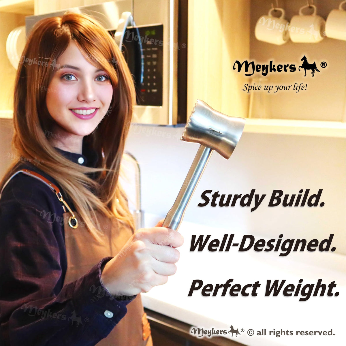 Meykers solid head design delivers consistent tenderizing for steaks and poultry