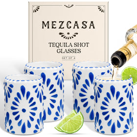 MEZCASA Talavera shot glass in blue pattern, ideal for tequila tasting and festive gatherings.