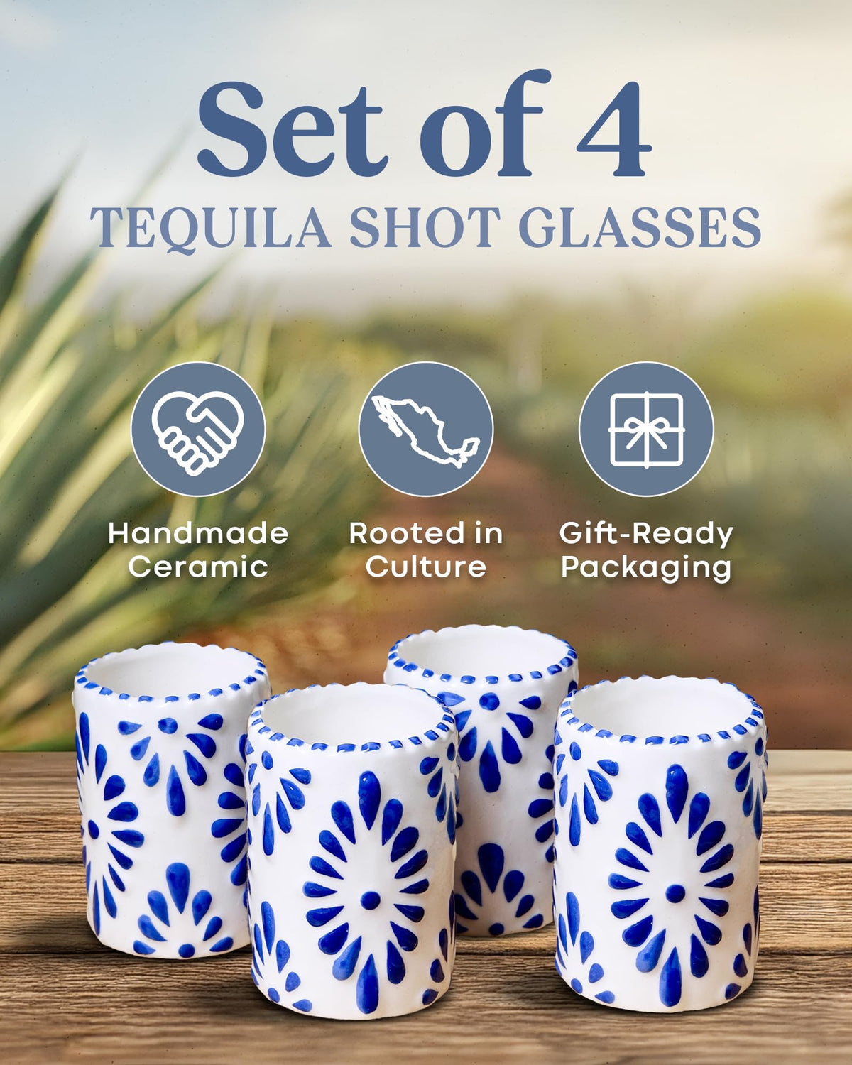 MEZCASA blue Talavera shot glass highlighting intricate handpainted details for celebrations.
