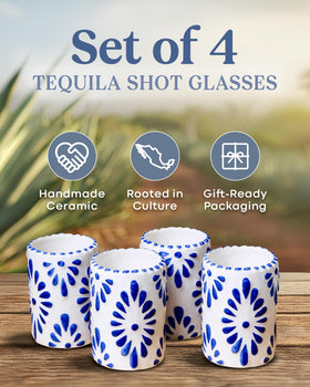 MEZCASA blue Talavera shot glass highlighting intricate handpainted details for celebrations.