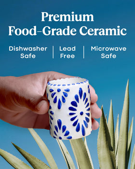 MEZCASA Talavera shot glass with cobalt motif, perfect for mezcal sipping and toasts.