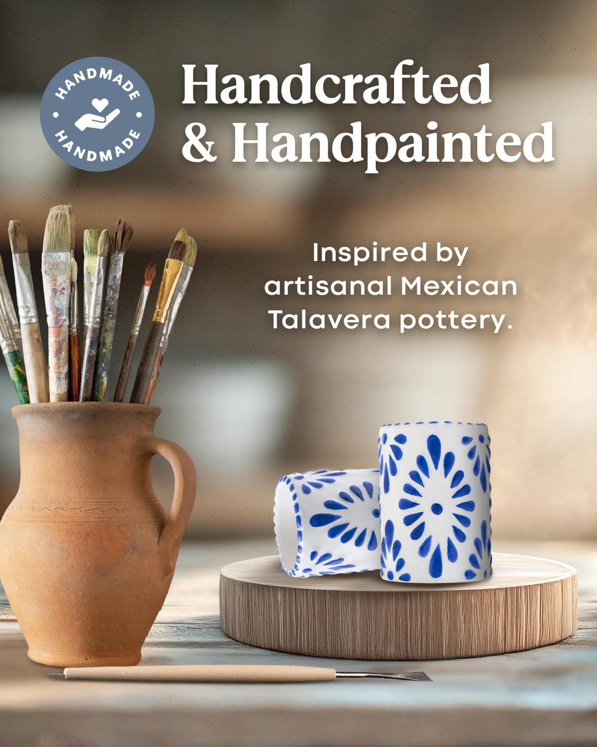 MEZCASA Talavera glass set with blue pattern, great for parties and tequila rituals.