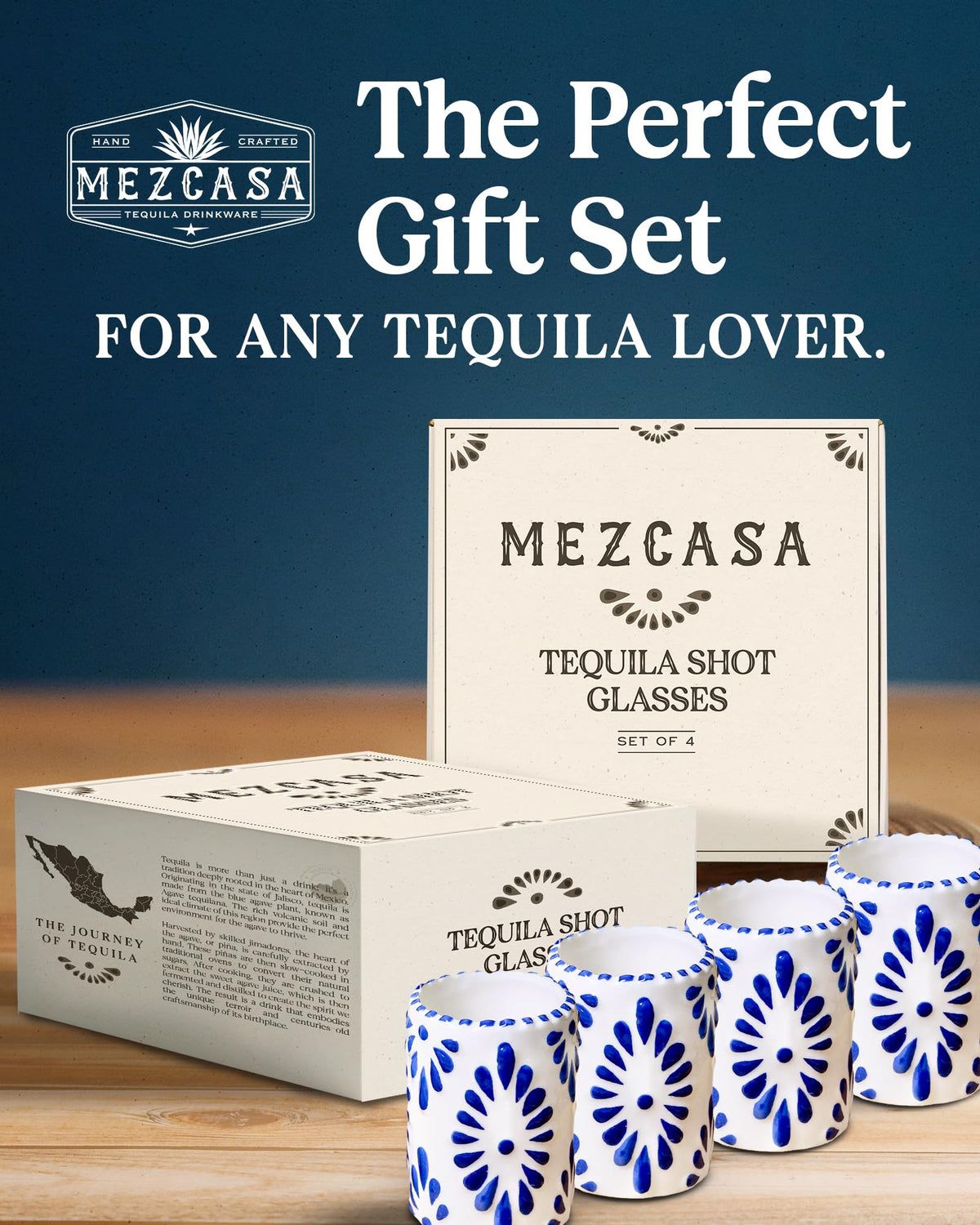 MEZCASA Talavera shot glass in blue craft, suited for home bar display and serving.