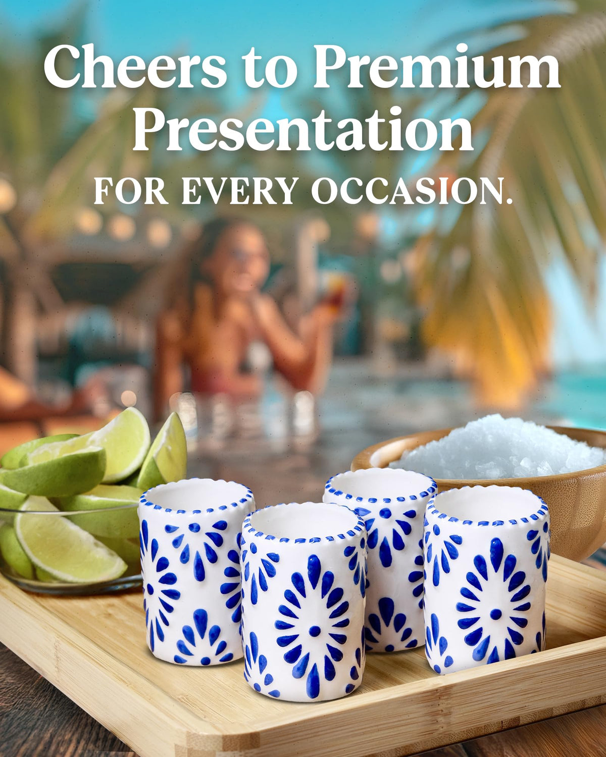 MEZCASA Talavera glass featuring blue design, ideal for festive tequila tastings.