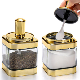 Mezchi 12 oz glass condiment pot with clear body for quick identification of contents.