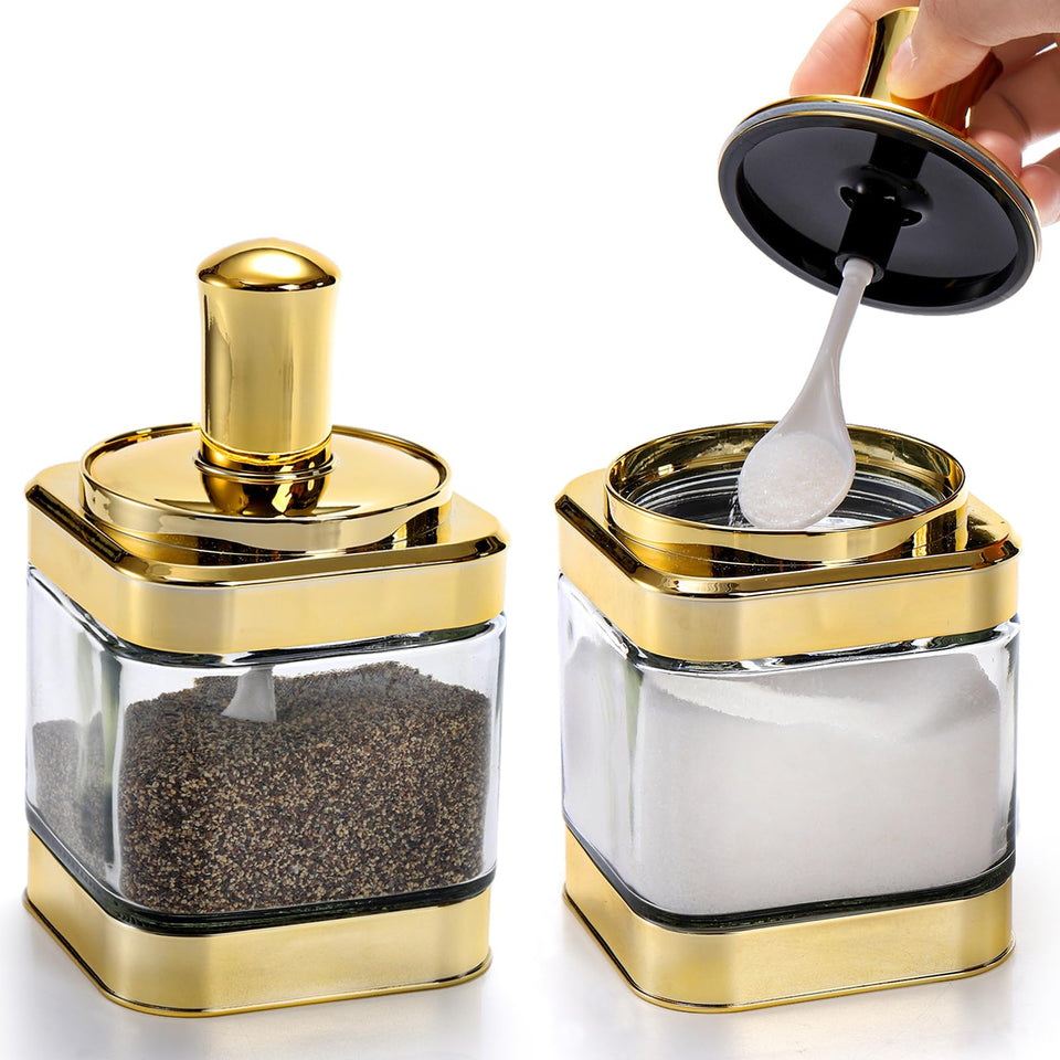 Mezchi 12 oz glass condiment pot with clear body for quick identification of contents.
