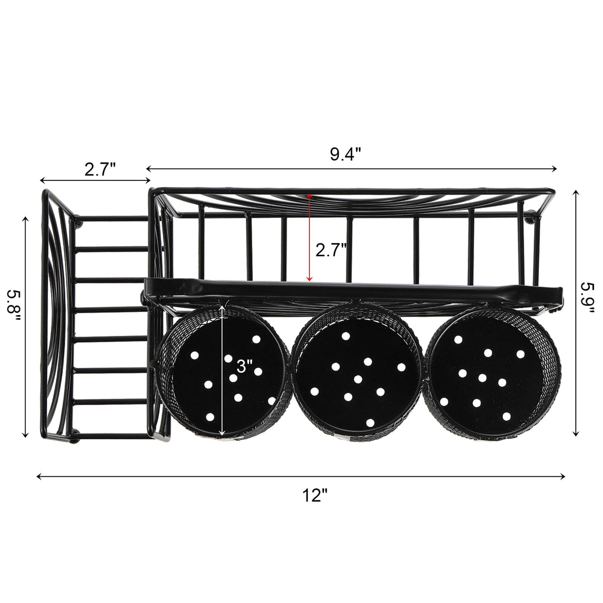 Mezchi black mesh silverware caddy holding napkins and plates neatly.