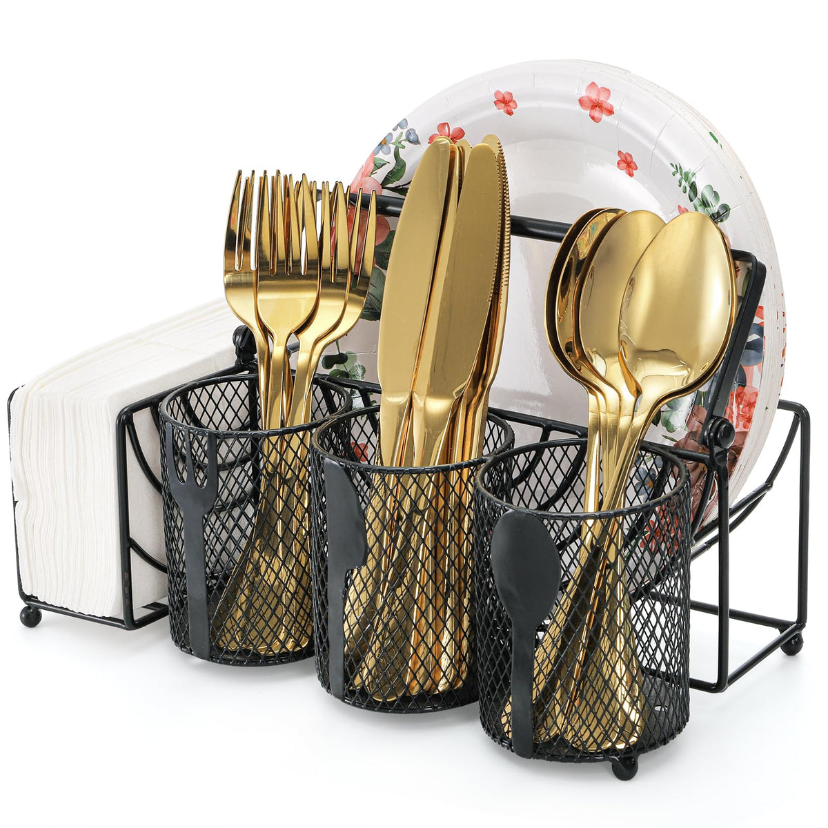Mezchi metal utensil caddy with five compartments for organized flatware.