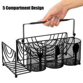 Mezchi caddy compartments cradle napkins and plates with grooved bottoms.