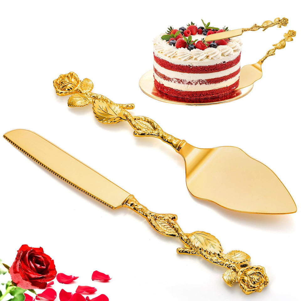 Mezchi wedding cake knife with gold rose handle for elegant cake cutting.
