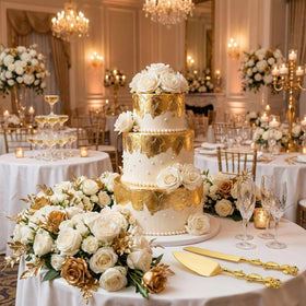 Mezchi wedding ceremony scene featuring the cake cutting set.
