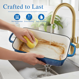 Mezzalur cast iron care guide showing cleaning and maintenance.