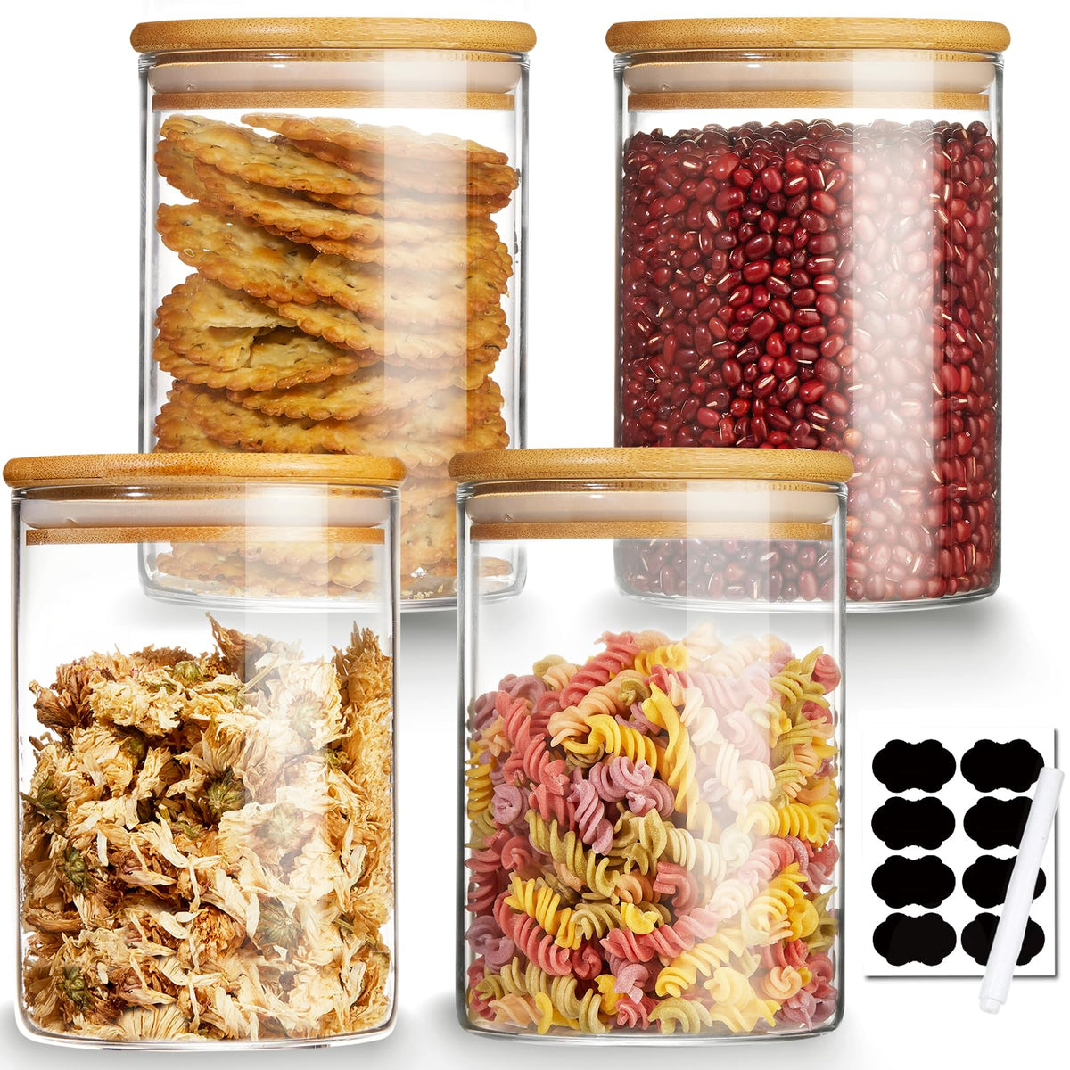 Mfacoy four pack glass storage jars with bamboo lids for pantry organization.