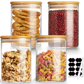 Mfacoy four pack glass storage jars with bamboo lids for pantry organization.